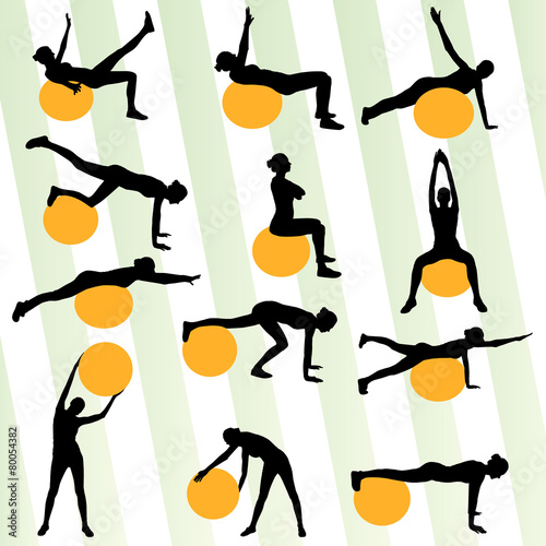 Woman on fitness ball exercises set vector background