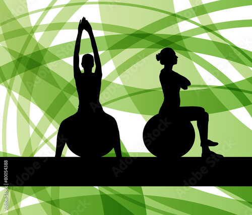 Woman on fitness ball exercises vector background