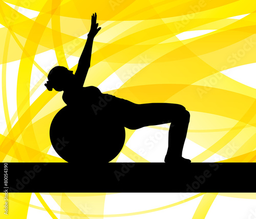 Woman on fitness ball exercises vector background
