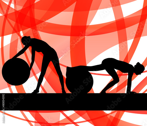 Woman on fitness ball exercises vector background