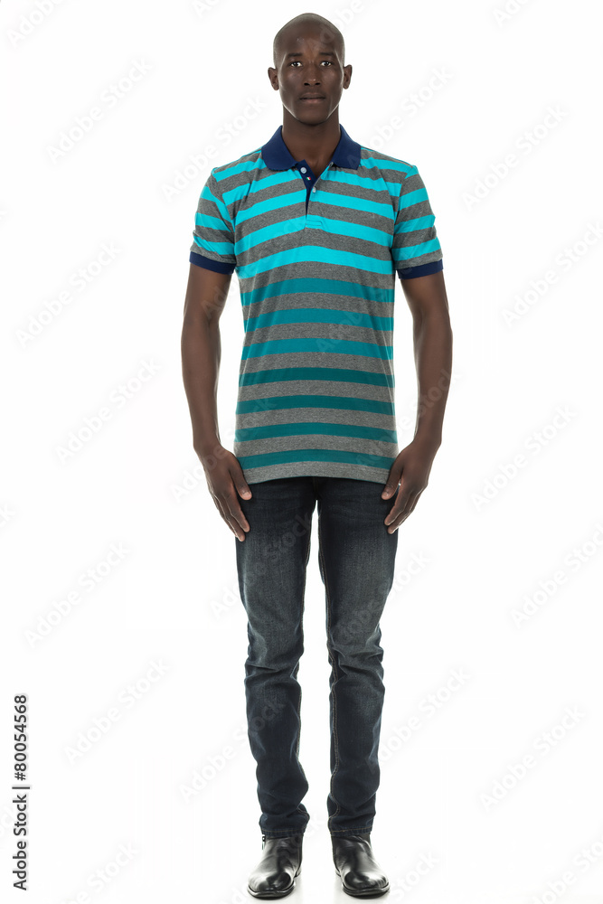 Obraz premium Black man in stripped short sleeve collar shirt on white