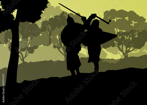 Medieval warrior, crusader vector background landscape concept