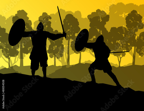 Medieval warrior, crusader vector background landscape concept