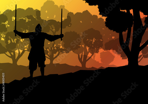 Medieval warrior, crusader vector background landscape concept