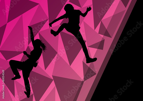Children girl rock climber sport athlete climbing wall in abstra