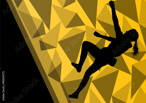 Children girl rock climber sport athlete climbing wall in abstra