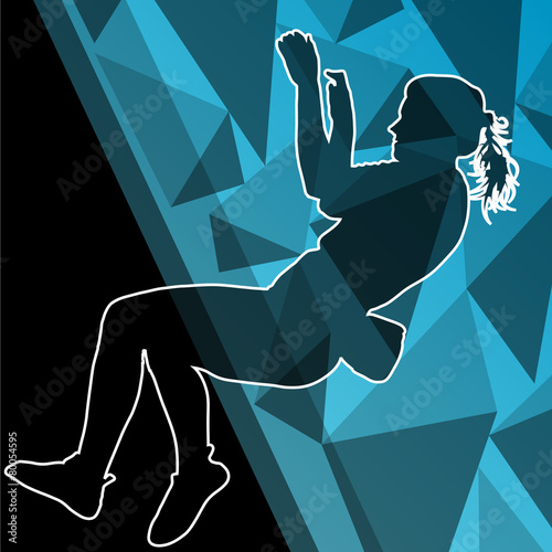 Children girl rock climber sport athlete climbing wall in abstra