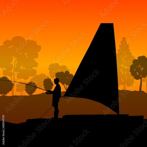 Man fishing on lake from boat vector background landscape