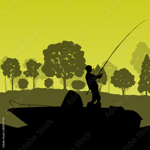 Man fishing on lake from boat vector background landscape