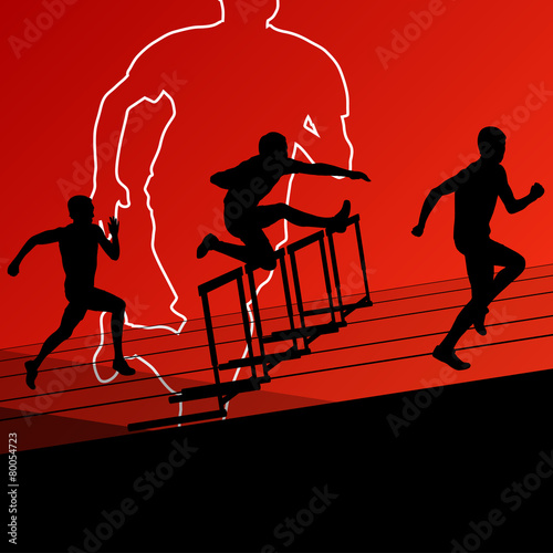 Active young men sport athletics hurdles barrier running silhoue