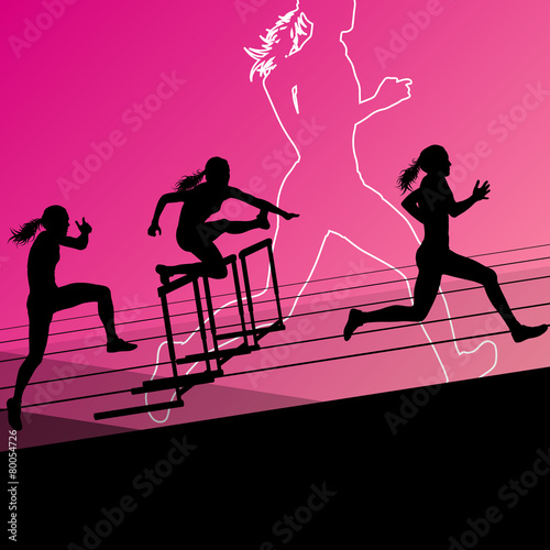 Active women girl sport athletics hurdles barrier running silhou