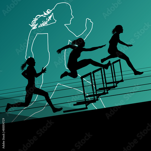 Active women girl sport athletics hurdles barrier running silhou