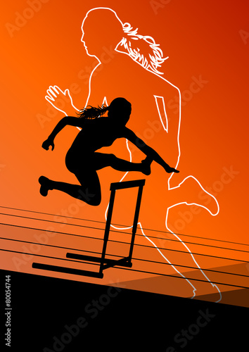 Active women girl sport athletics hurdles barrier running silhou