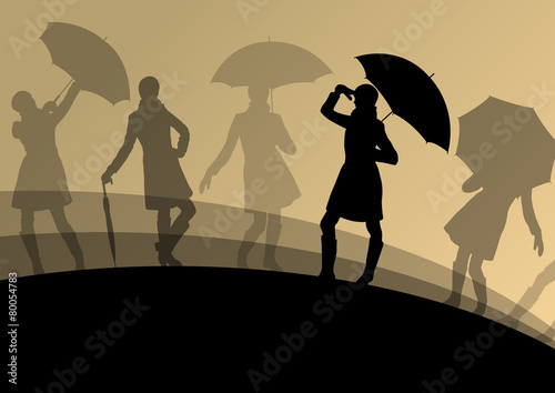 Women umbrella and raincoat silhouettes abstract seasonal outdoo