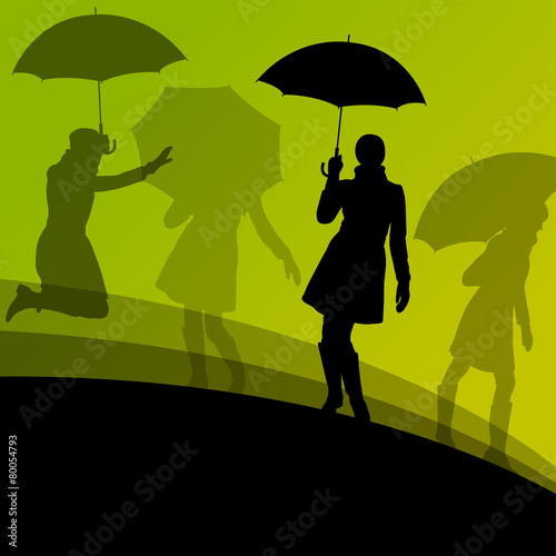 Women umbrella and raincoat silhouettes abstract seasonal outdoo