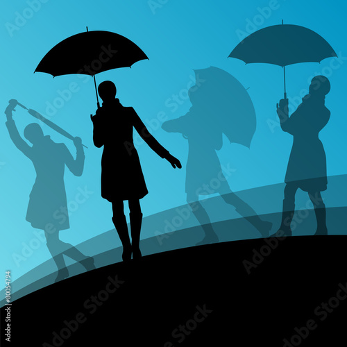 Women umbrella and raincoat silhouettes abstract seasonal outdoo