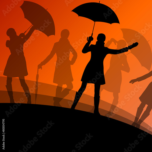 Women umbrella and raincoat silhouettes abstract seasonal outdoo