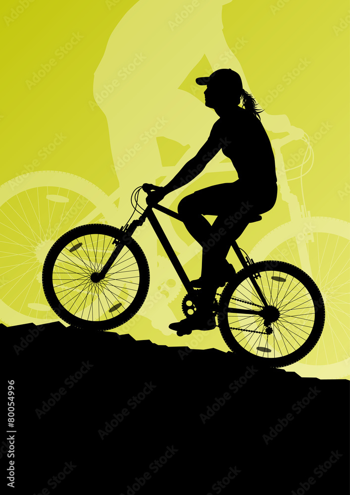 Active woman cyclists bicycle riders in landscape background ill Active woman cyclists bicycle riders in landscape background ill
