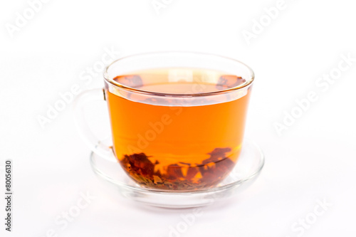 transparent cup of tea isolated on white background