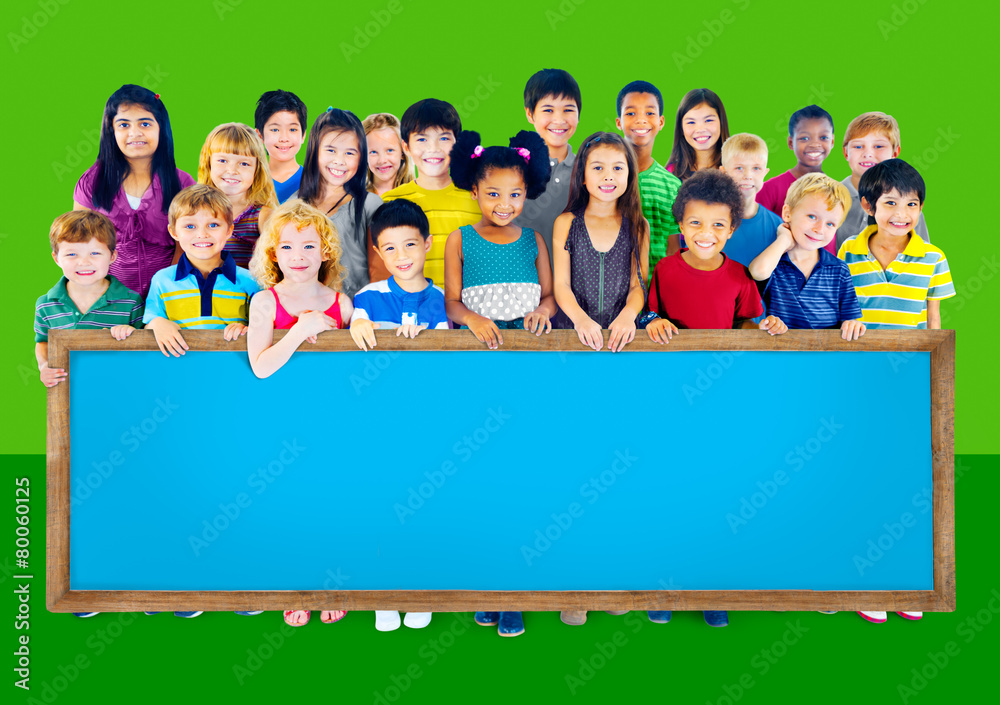 Multi-Ethnic Group of Children Empty Billboard Concept Multi-Ethnic Group of Children Empty Billboard Concept