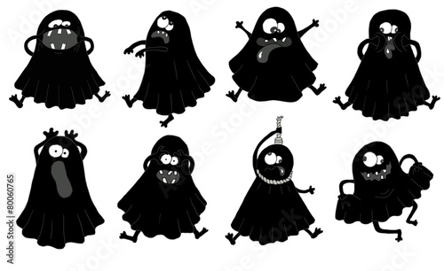Set with black silhouettes of funny ghosts