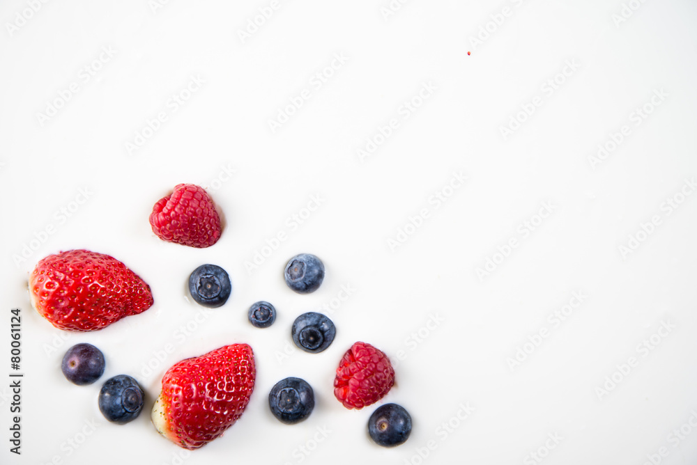 fresh berries fruits isolated on greek yogurt, healthy backgroun fresh berries fruits isolated on greek yogurt, healthy backgroun
