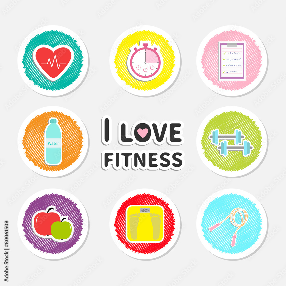 I love fitness round icon set  Timer whater, dumbbell, 