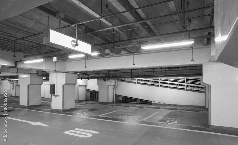 Empty space of underground car parking at night time