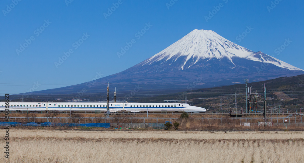 Fototapeta premium Bullet train Tokaido Shinkansen with view of mountain fuji