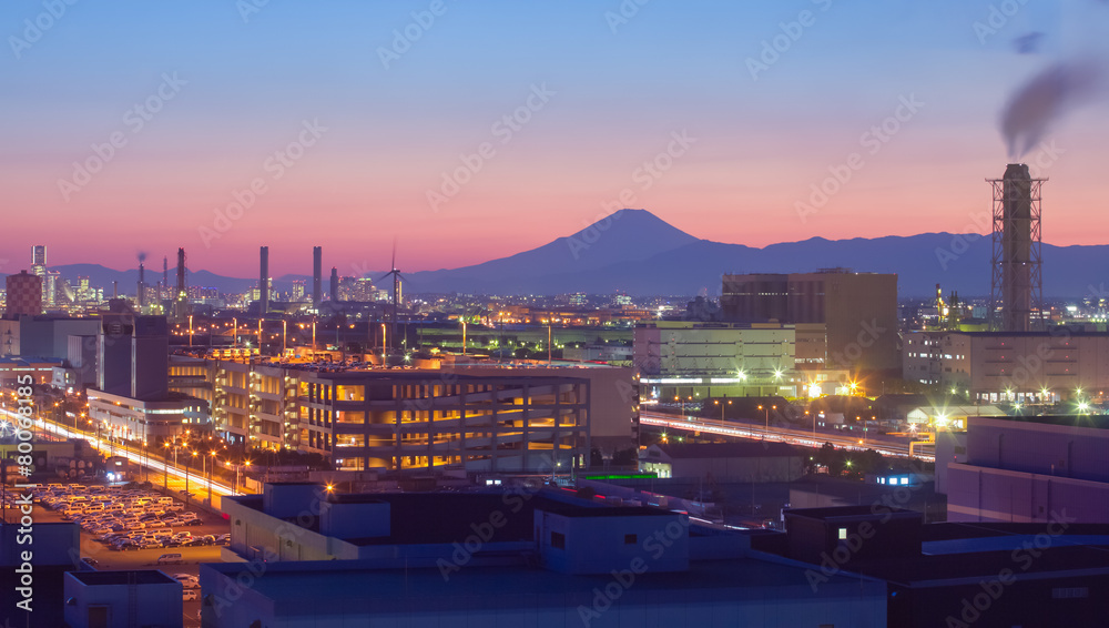 Mountain Fuji and Japan industry zone from Kawasaki city