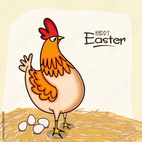 Happy Easter celebration with hen and eggs.