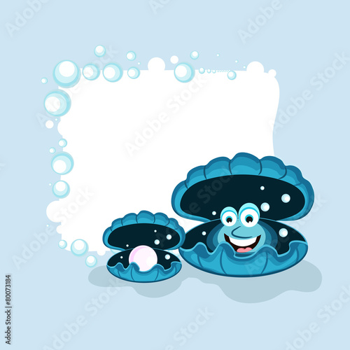 Funny cartoon of a oyster and pearl in blue shells.