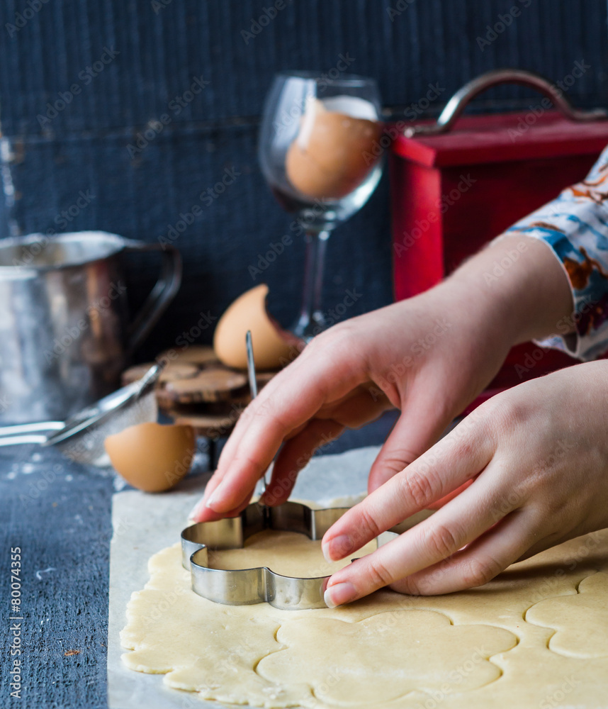 the process of making biscuits, shortbread dough raw, cut shape the process of making biscuits, shortbread dough raw, cut shape
