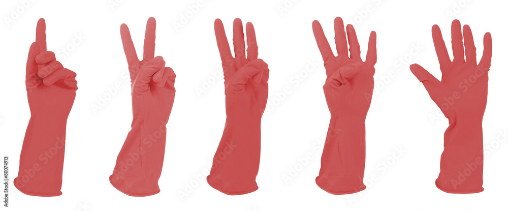 Red gloves gesturing numbers isolated on white Red gloves gesturing numbers isolated on white
