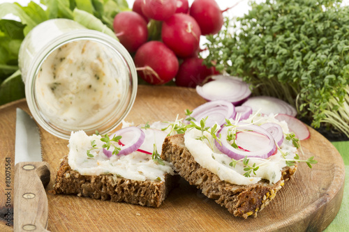 Schmalzbrot mit Kresse, rote Zwiebel und Radieschen photo