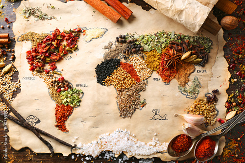 Fototapeta Naklejka Na Ścianę i Meble -  Map of world made from different kinds of spices