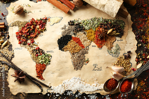 Fototapeta Naklejka Na Ścianę i Meble -  Map of world made from different kinds of spices