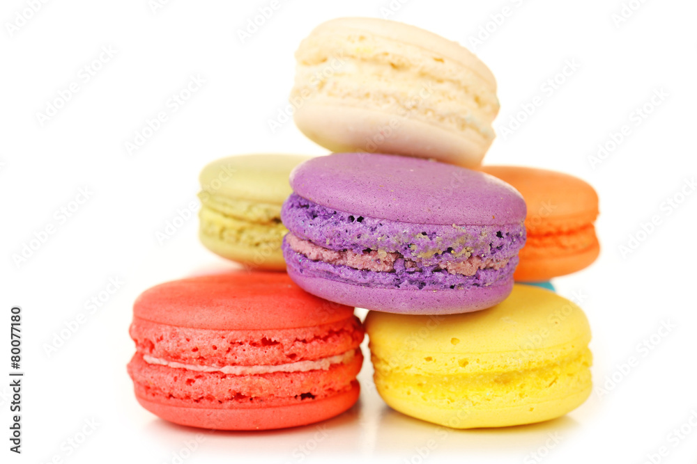 Tasty colorful macaroons isolated on white Tasty colorful macaroons isolated on white