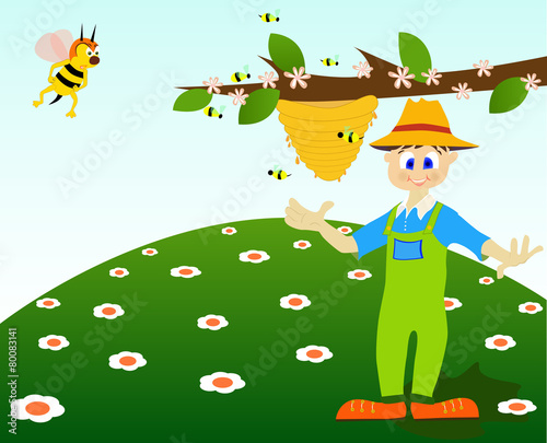 Illustration of a honey thief and an angry bee.