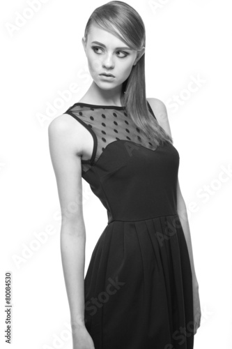 Black and white portrait of girl in black dress