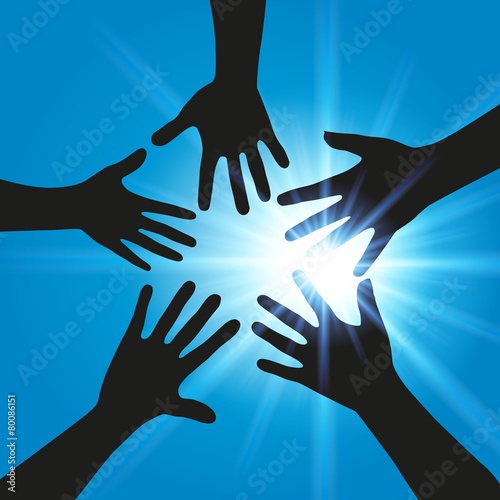 Cinq mains tendues en forme d'étoile, pour symboliser l'union et la solidarité.