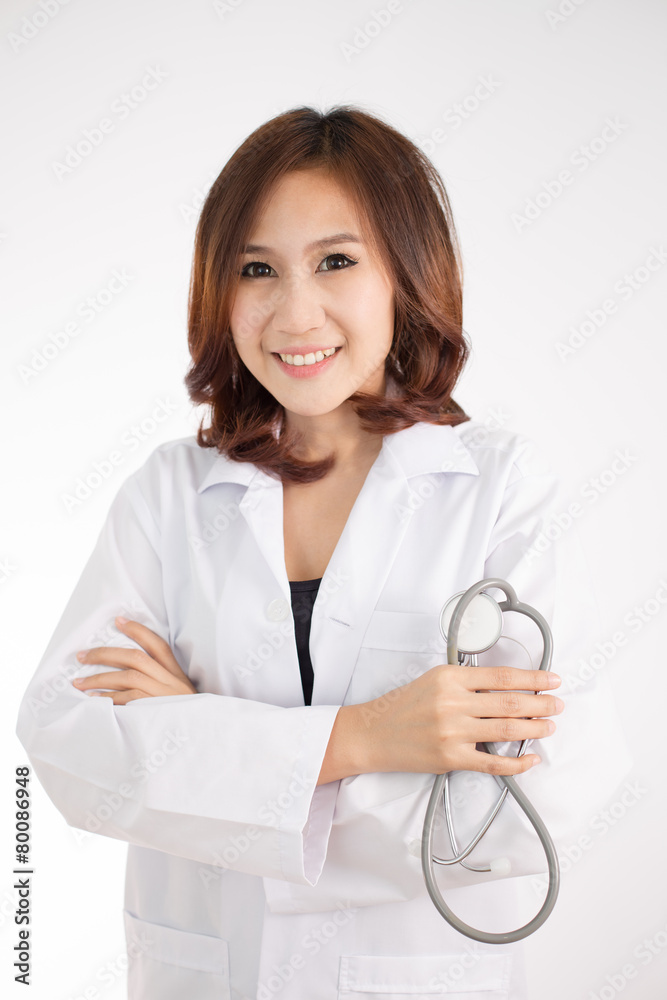 Asian medicine doctor woman, closeup portrait on white backgroun Asian medicine doctor woman, closeup portrait on white backgroun