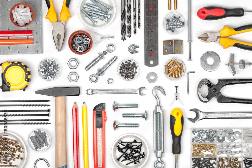 set of tools on white background top view set of tools on white background top view