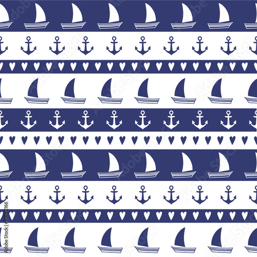 Navy seamless pattern:anchor, sailboat, heart.