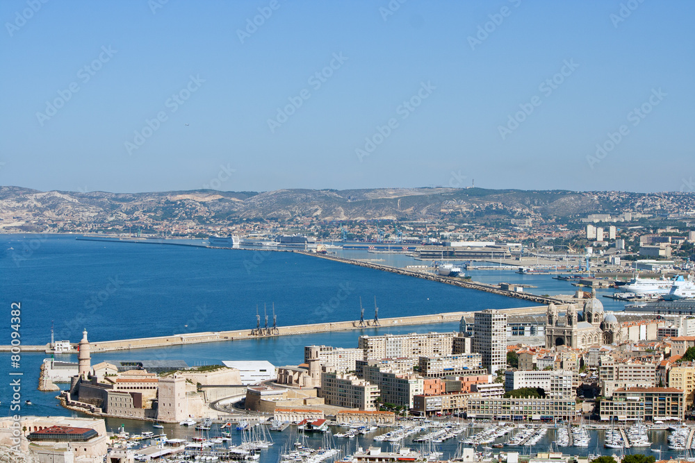 View of the old port and Fort Saint Jean in Marseille, France