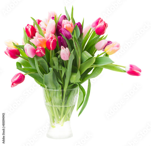 bouquet of multicolored   tulip flowers in white pot