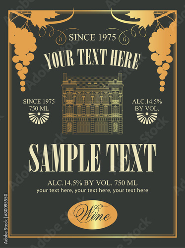 label for wine with an old house and a bunch of grapes