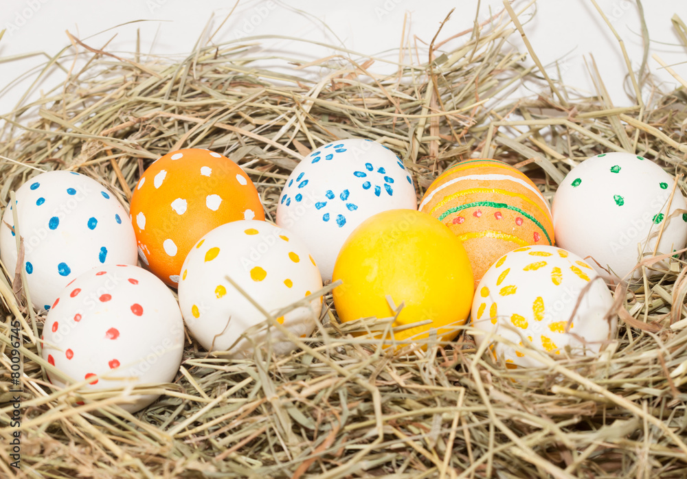 Obraz premium nine spotted easter eggs on hay