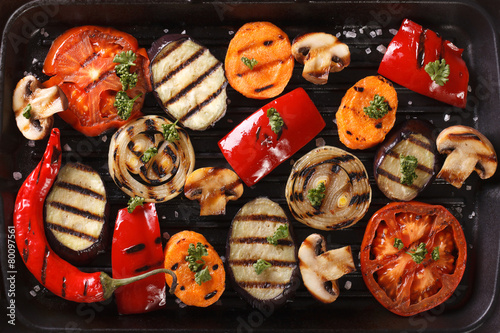 Background of grilled vegetables close up. Horizontal top view