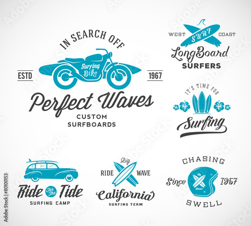 Photography Vector Retro Style Surfing Labels, Logos or T-shirt Graphic